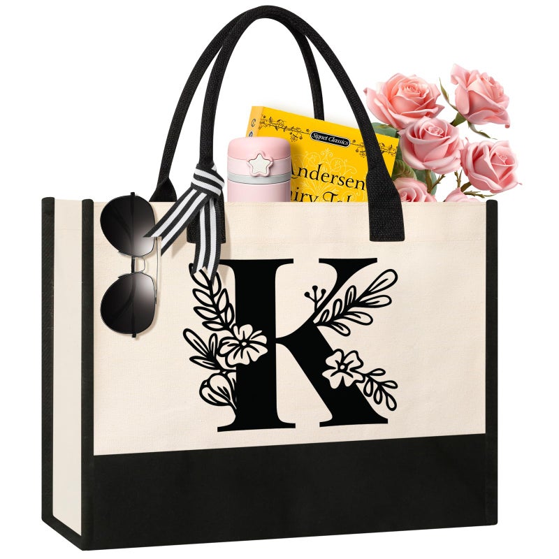 Tecanne Personalized Initial Canvas Tote Bag, Suitable for Birthday, Wedding, Beach, Holiday, Gifts for Women, Mom, Teachers, Nurses, Best Friends, Bridesmaids (K) - Image 1