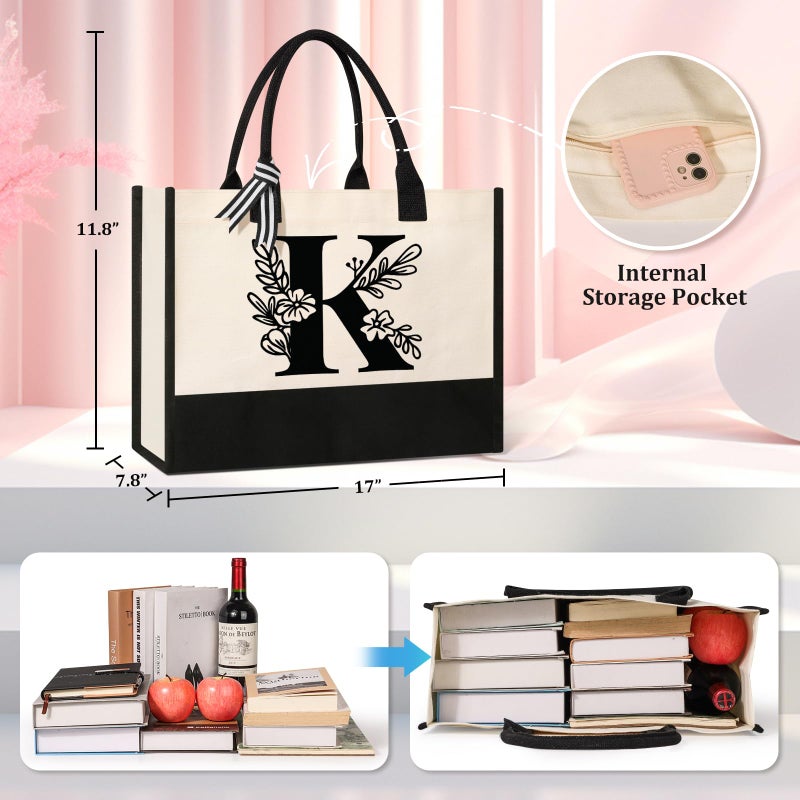 Tecanne Personalized Initial Canvas Tote Bag, Suitable for Birthday, Wedding, Beach, Holiday, Gifts for Women, Mom, Teachers, Nurses, Best Friends, Bridesmaids (K) - Image 4