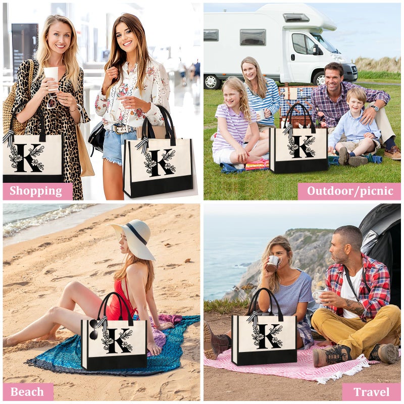 Tecanne Personalized Initial Canvas Tote Bag, Suitable for Birthday, Wedding, Beach, Holiday, Gifts for Women, Mom, Teachers, Nurses, Best Friends, Bridesmaids (K) - Image 5