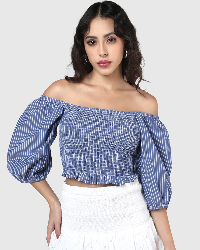 bewakoof Women's Blue Striped Short Top