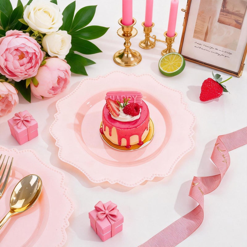 COLOSUS 60pcs Pink Plastic Dessert Plates - 7.5 Inch- Heavy Duty Disposable Plastic Appetizer/Salad/Cake Plates for Party Wedding and Everyday Use,Valentine's Day - Image 2