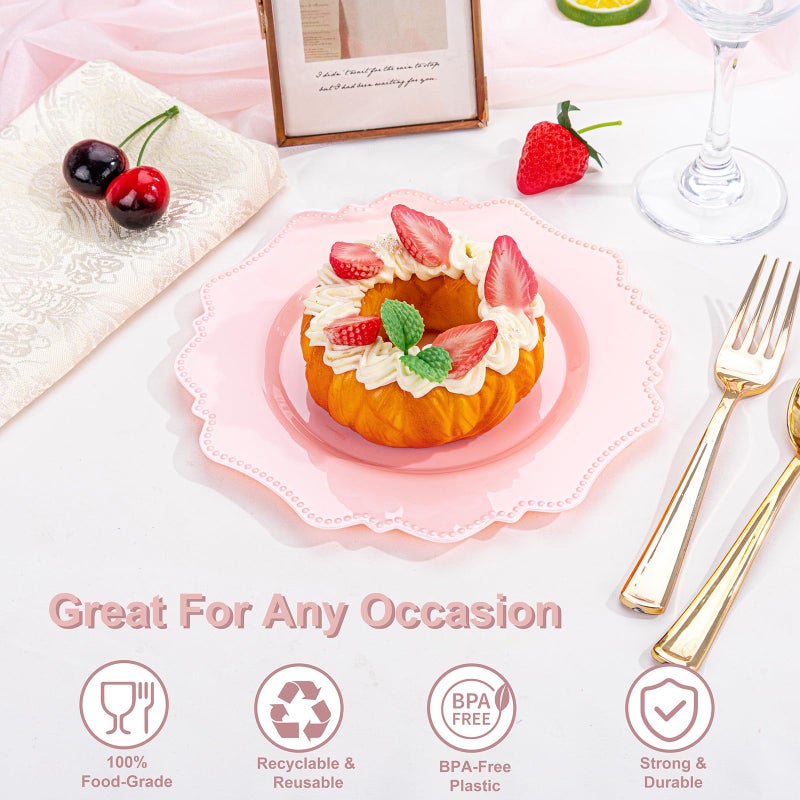 COLOSUS 60pcs Pink Plastic Dessert Plates - 7.5 Inch- Heavy Duty Disposable Plastic Appetizer/Salad/Cake Plates for Party Wedding and Everyday Use,Valentine's Day - Image 5