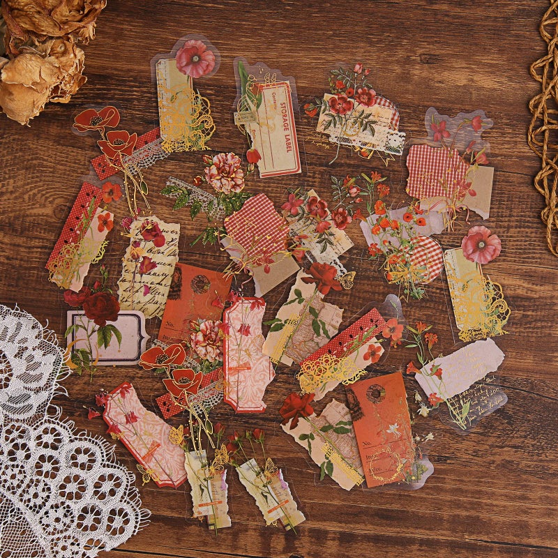 Dizdkizd Die Cut Gold Foil Floral Stickers (180 Pieces), Transparent Aesthetics Sticker Set Vintage Flower Decals for Scrapbooking Card Making Journaling Paper Crafting - Image 3