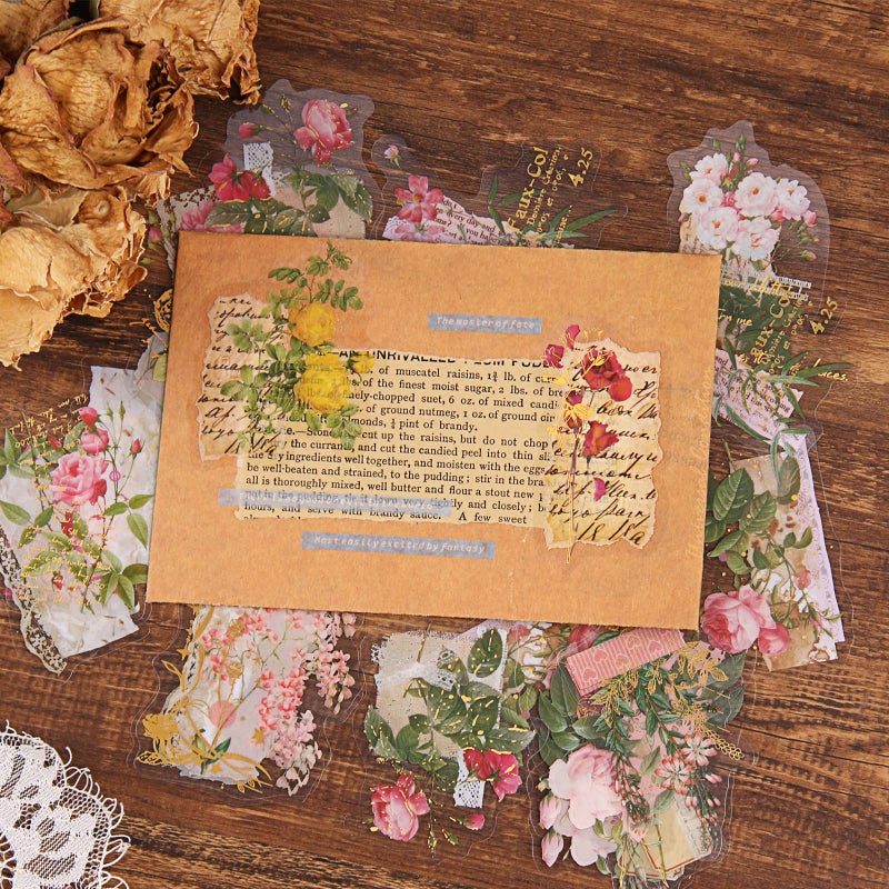 Dizdkizd Die Cut Gold Foil Floral Stickers (180 Pieces), Transparent Aesthetics Sticker Set Vintage Flower Decals for Scrapbooking Card Making Journaling Paper Crafting - Image 5