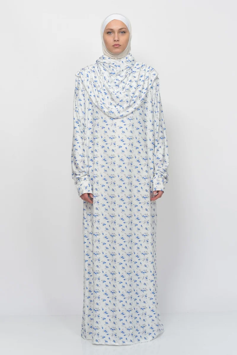 Altobeh Practical One Piece Floral Patterned Sleeves Removable Hijab Lycra Hijab Prayer Dress 990-0202