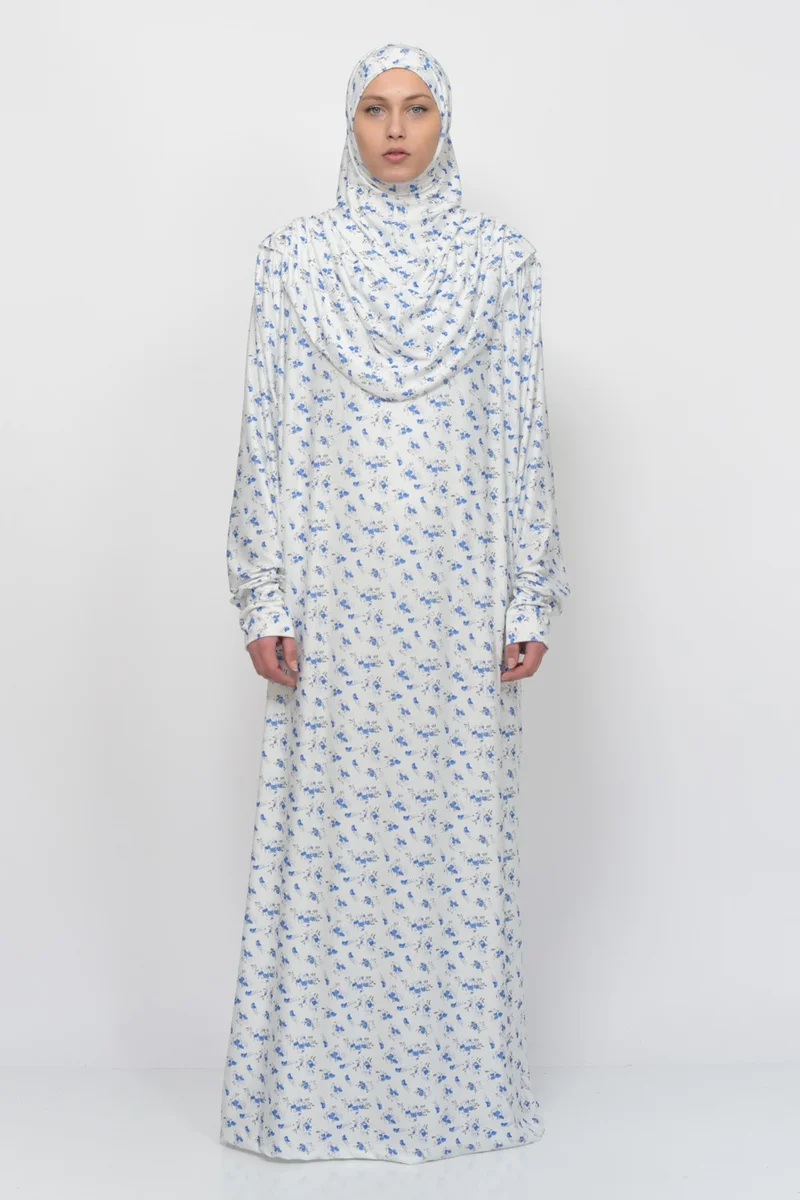 Altobeh Practical One Piece Floral Patterned Sleeves Removable Hijab Lycra Hijab Prayer Dress 990-0202