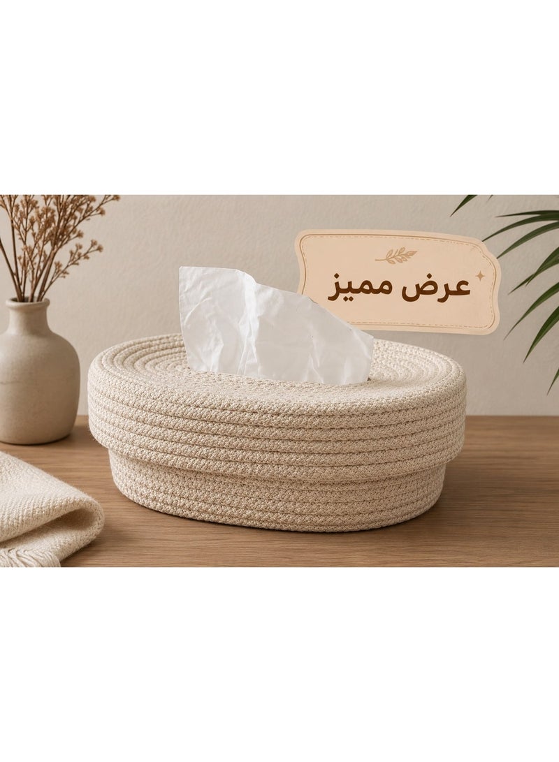 كالدا غطاء علبة مناديل "كالدا" فاخر من حبل القطن المنسوج يدوياً – موزع مناديل بيضاوي مزخرف لغرفة المعيشة، غرفة النوم والمكتب – إكسسوار منزلي بتصميم بوهيمي بسيط - Image 3