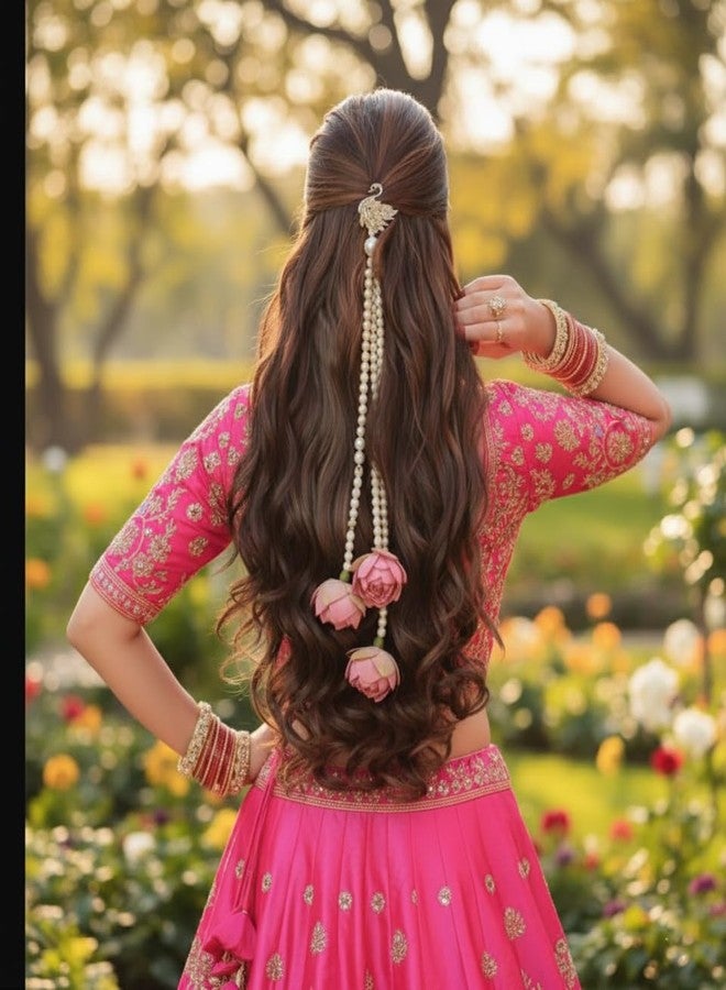 ORYNTH Handmade Pearl HairParanda, HairLatkan | Long Beaded Hairwith Floral Fabric | Bridal & Festive style Accessory | Traditional Bridal style, Diwali, Events, Festival - 1 Pcs. - Image 1