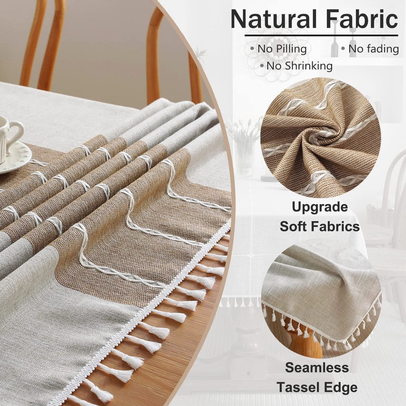 Jia le JIALE Tablecloths for Rectangle Tables, Cotton Linen Table Cloth Waterproof Tablecloth Wrinkle Free Farmhouse Dining Tables Cover, Soft Fabric Table Cloths with Tassels, Brown, 55" X 86", 6-8 Seats - Image 3