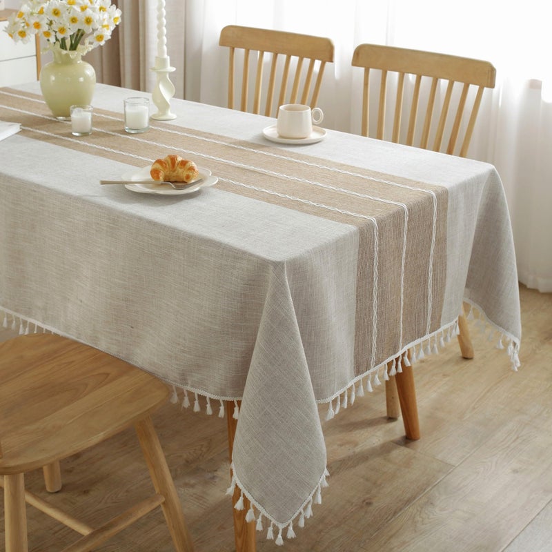 Jia le JIALE Tablecloths for Rectangle Tables, Cotton Linen Table Cloth Waterproof Tablecloth Wrinkle Free Farmhouse Dining Tables Cover, Soft Fabric Table Cloths with Tassels, Brown, 55" X 86", 6-8 Seats - Image 1