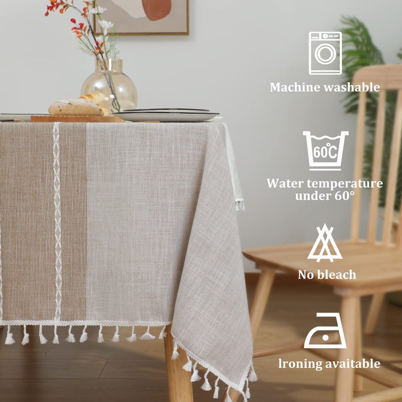 Jia le JIALE Tablecloths for Rectangle Tables, Cotton Linen Table Cloth Waterproof Tablecloth Wrinkle Free Farmhouse Dining Tables Cover, Soft Fabric Table Cloths with Tassels, Brown, 55" X 86", 6-8 Seats - Image 5