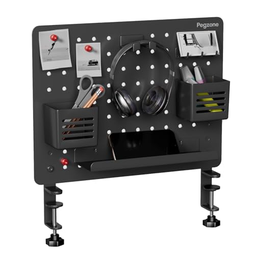 PEGZONE Clamp-on Desk Pegboard, Desk Organizer for Office Gaming Home, Magnetic Metal Peg Board with 10 Accessories, Privacy Panel for Office, 16.5" x 12.6", Medium, Black - Image 1