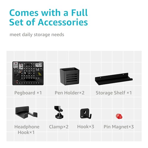 PEGZONE Clamp-on Desk Pegboard, Desk Organizer for Office Gaming Home, Magnetic Metal Peg Board with 10 Accessories, Privacy Panel for Office, 16.5" x 12.6", Medium, Black - Image 4