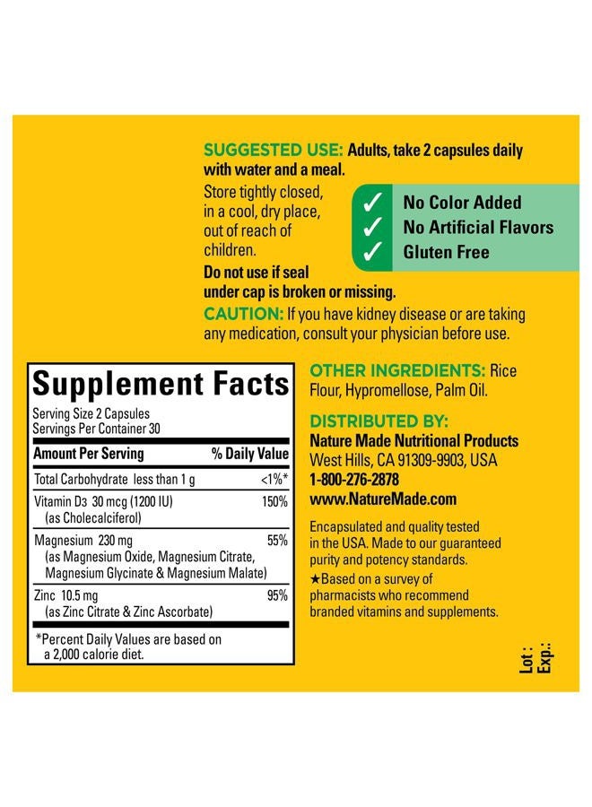 Magnesium Complex with Vitamin D and Zinc Supplements, Magnesium Supplement for Muscle, Nerve, Heart & Bone Support with Vitamin D3 & Zinc for Immune Support, 60 Capsules, 30 Day Supply