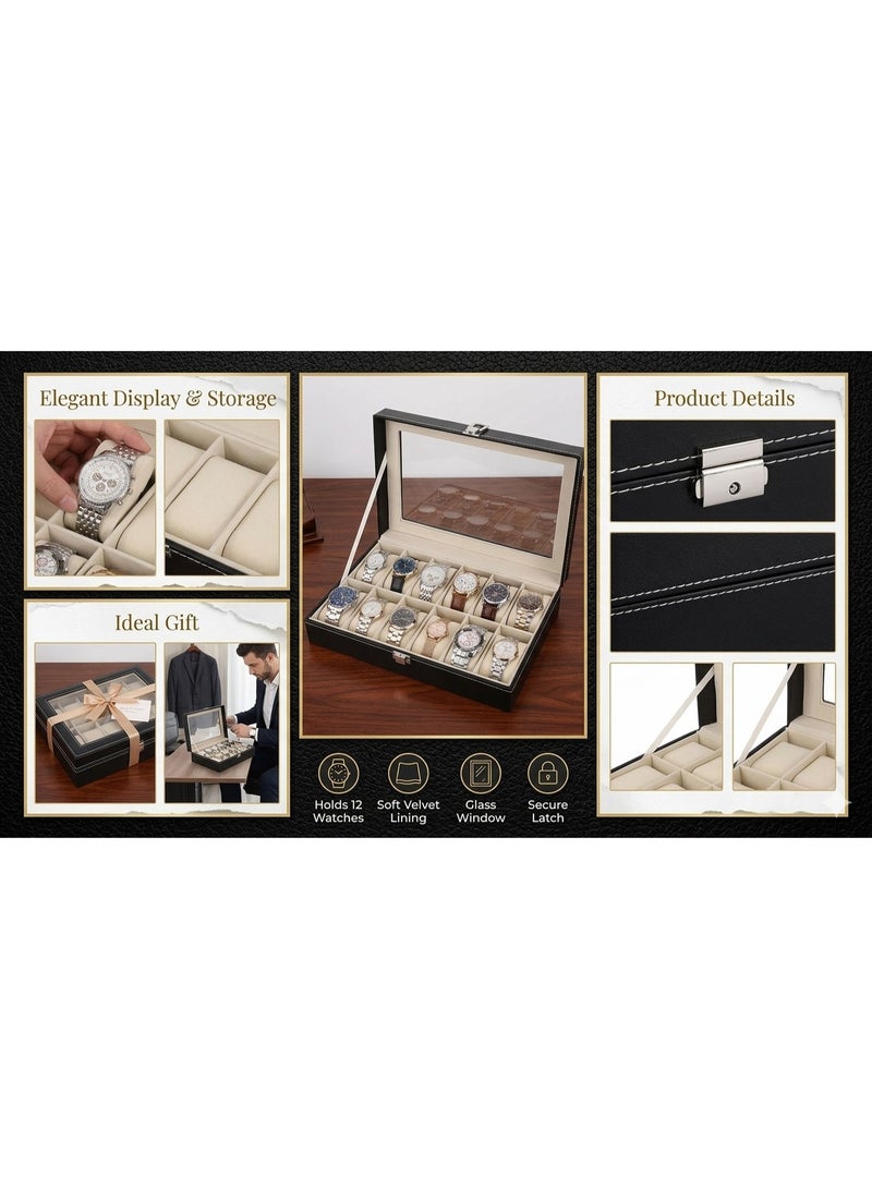12-Slot Watch Box Organizer with Clear Display Top, Black Faux Leather - Image 4
