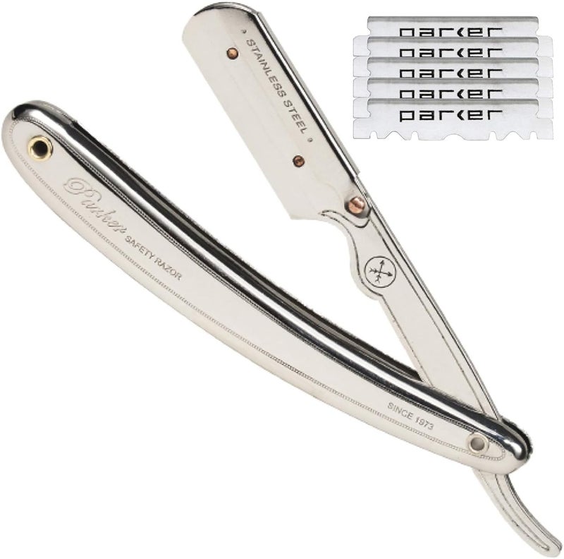 Parker Safety Razor Parker Men’s SR1 Stainless Steel Straight Edge Razor with 5 Platinum Blades - Image 1