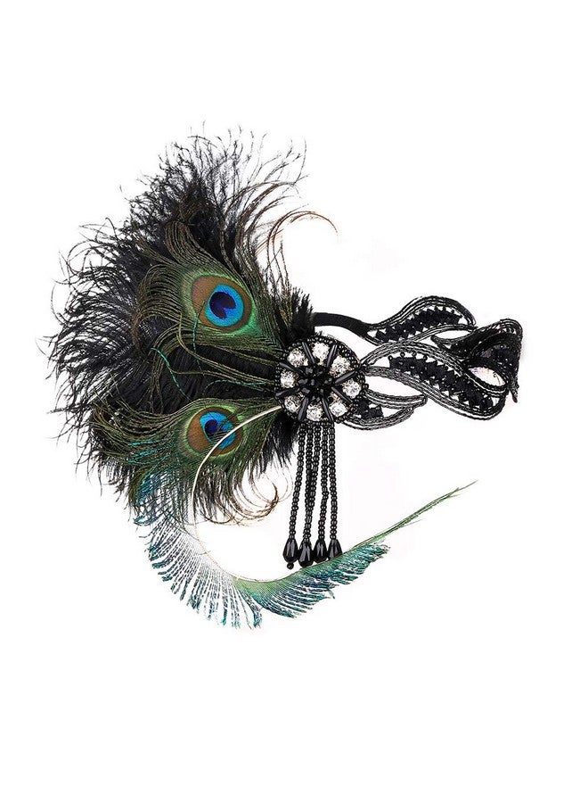 JISEN 1920S Flapper Vintage Peacock Feather Gatsby Beaded Tassel Headpiece Green - Image 1