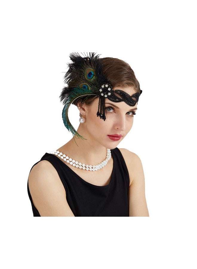 JISEN 1920S Flapper Vintage Peacock Feather Gatsby Beaded Tassel Headpiece Green - Image 2