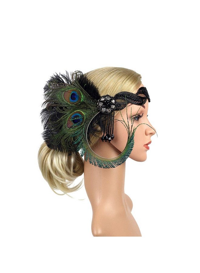JISEN 1920S Flapper Vintage Peacock Feather Gatsby Beaded Tassel Headpiece Green - Image 3