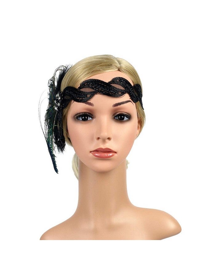 JISEN 1920S Flapper Vintage Peacock Feather Gatsby Beaded Tassel Headpiece Green - Image 4