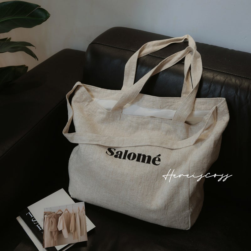 Cotton Linen Letter Print Tote Bag - Image 1