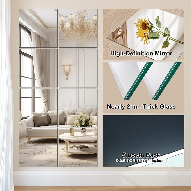 Vlush Full Length Wall & Tiles 10.2'' x 10.2'' x 12PCS Full Body Mirror, Full Length Mirror Wall Mounted Mirrors Decorative for Home Gym, Door, Bedroom & Bathroom - Image 5