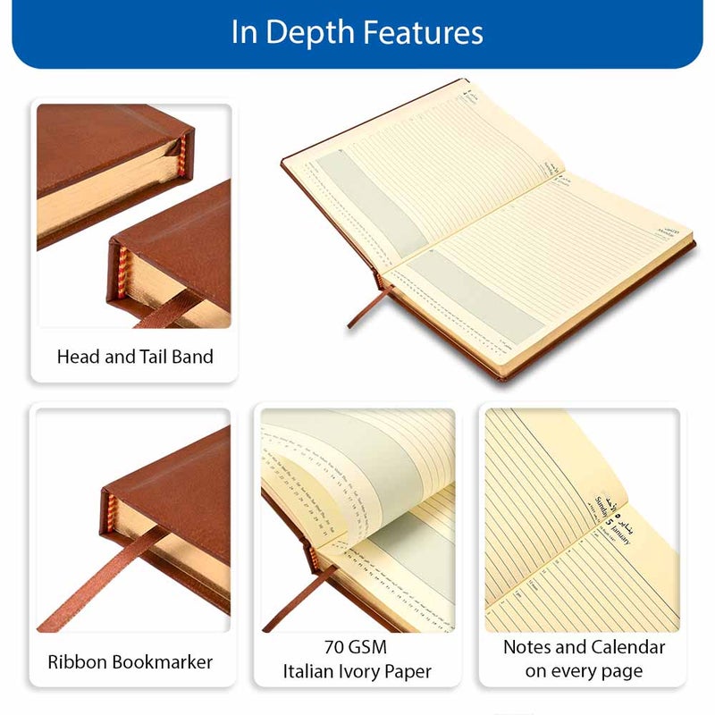 FIS 2026 Golden A4 Diary, 210x297mm, 1 Side Padded Bonded Leather Cover Materials, Gilded Edges, Round Corners, Arabic/English, 70gsm Italian Ivory Paper, Brown Cover - FSDI45AEGB26BR - Image 5