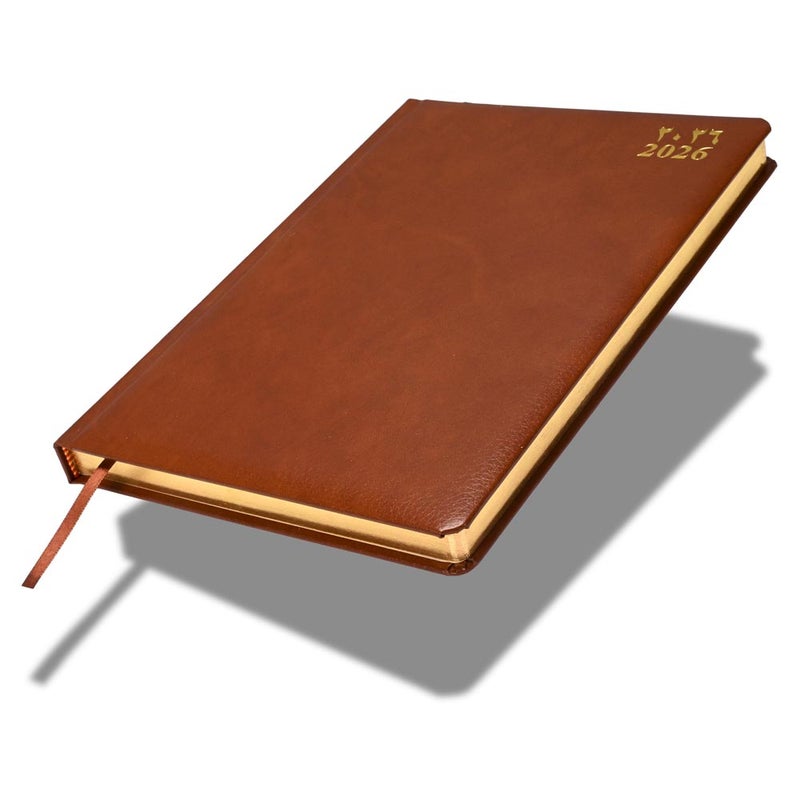 FIS 2026 Golden A4 Diary, 210x297mm, 1 Side Padded Bonded Leather Cover Materials, Gilded Edges, Round Corners, Arabic/English, 70gsm Italian Ivory Paper, Brown Cover - FSDI45AEGB26BR - Image 1