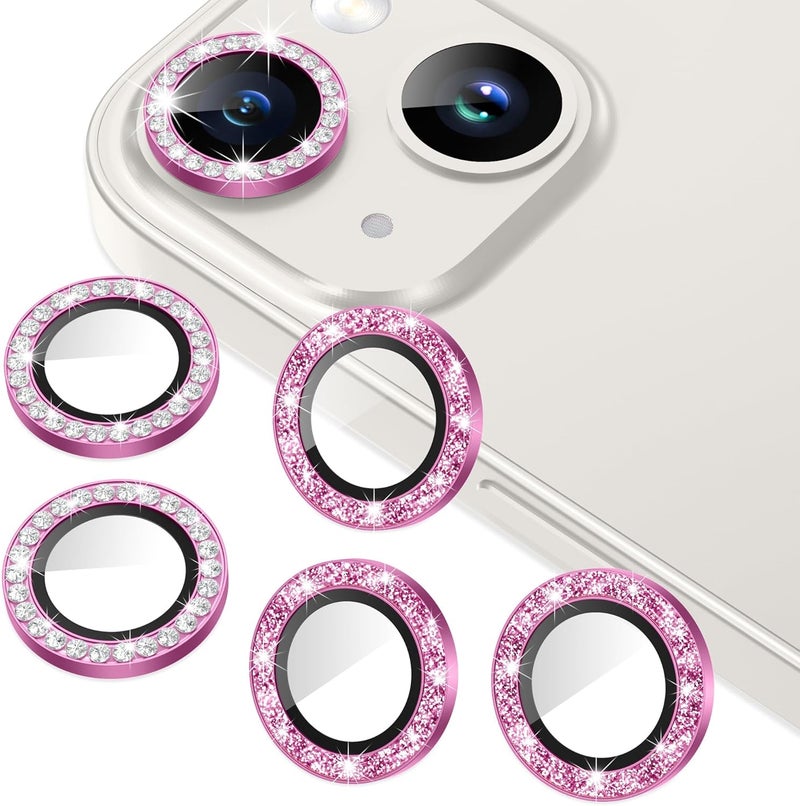 AGVEE 3+3 6 Pack for iPhone 14 6.1" / 14 Plus 6.7" Camera Lens Protector, Bling Diamond & Bling Glitter Metal Ring 9H Tempered HD Glass Camera Cover Film, Bling-Rose - Image 1