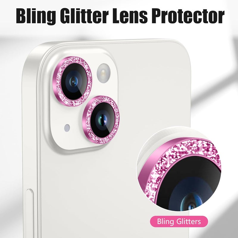AGVEE 3+3 6 Pack for iPhone 14 6.1" / 14 Plus 6.7" Camera Lens Protector, Bling Diamond & Bling Glitter Metal Ring 9H Tempered HD Glass Camera Cover Film, Bling-Rose - Image 5