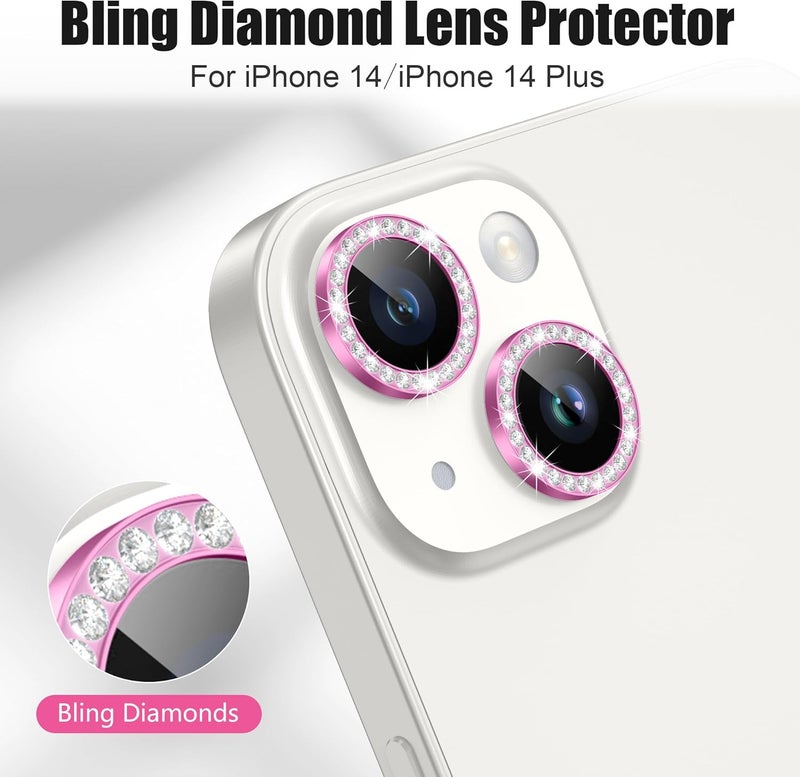 AGVEE 3+3 6 Pack for iPhone 14 6.1" / 14 Plus 6.7" Camera Lens Protector, Bling Diamond & Bling Glitter Metal Ring 9H Tempered HD Glass Camera Cover Film, Bling-Rose - Image 4
