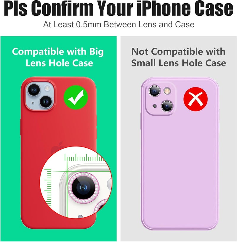 AGVEE 3+3 6 Pack for iPhone 14 6.1" / 14 Plus 6.7" Camera Lens Protector, Bling Diamond & Bling Glitter Metal Ring 9H Tempered HD Glass Camera Cover Film, Bling-Rose - Image 3