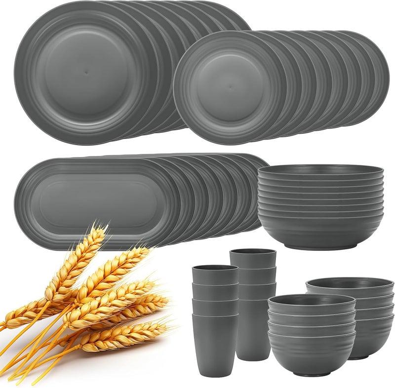 Lazycorner 48Pcs Kitchen Wheat Straw Dinnerware Set Service for 8 Plastic Reuasble Dinner Dishes Serving Plate Set for Kitchen Including Dinner Plate Dessert Plates Bowl CupGrey - Image 1