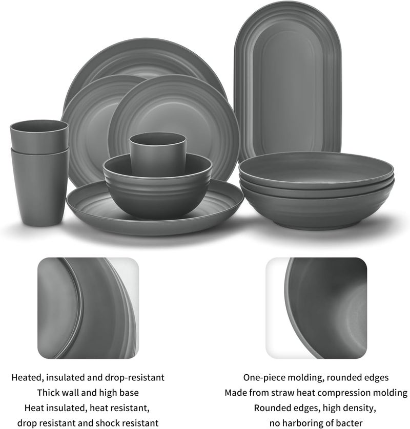 Lazycorner 48Pcs Kitchen Wheat Straw Dinnerware Set Service for 8 Plastic Reuasble Dinner Dishes Serving Plate Set for Kitchen Including Dinner Plate Dessert Plates Bowl CupGrey - Image 4