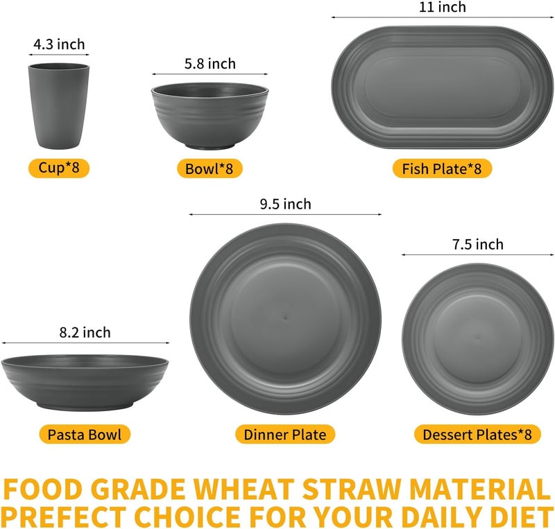 Lazycorner 48Pcs Kitchen Wheat Straw Dinnerware Set Service for 8 Plastic Reuasble Dinner Dishes Serving Plate Set for Kitchen Including Dinner Plate Dessert Plates Bowl CupGrey - Image 2