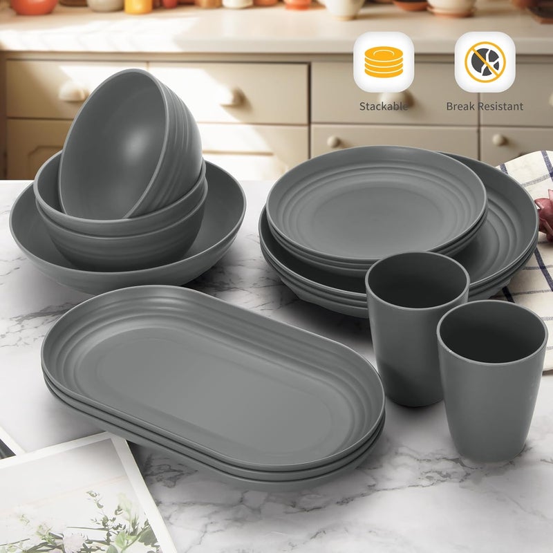Lazycorner 48Pcs Kitchen Wheat Straw Dinnerware Set Service for 8 Plastic Reuasble Dinner Dishes Serving Plate Set for Kitchen Including Dinner Plate Dessert Plates Bowl CupGrey - Image 5