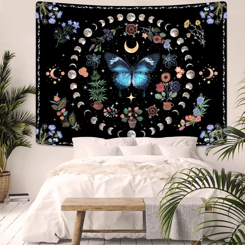 Fowocu Blue Butterfly Moon Flower Tapestry Boho Floral Plant Tapestries For Bedroom Aesthetic Nature Tapastry'S Wall Hanging Mandala Botanical Wall Tapestry For Living Room Dorm (Blue  48'' ? 36'') - Image 3