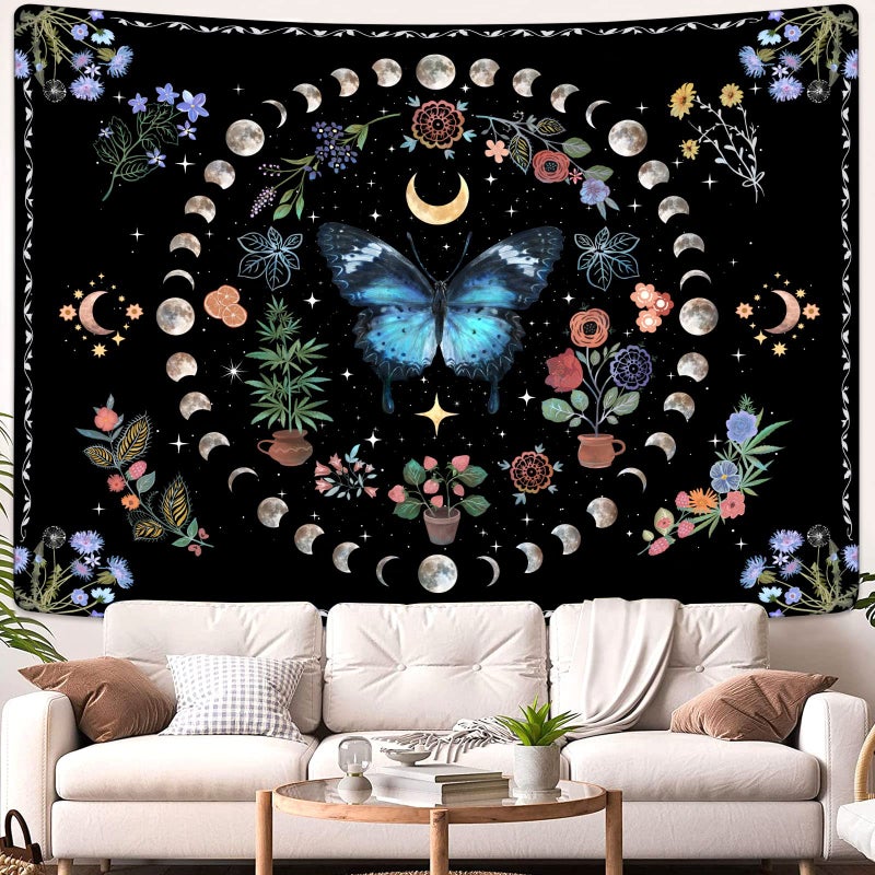 Fowocu Blue Butterfly Moon Flower Tapestry Boho Floral Plant Tapestries For Bedroom Aesthetic Nature Tapastry'S Wall Hanging Mandala Botanical Wall Tapestry For Living Room Dorm (Blue  48'' ? 36'') - Image 2