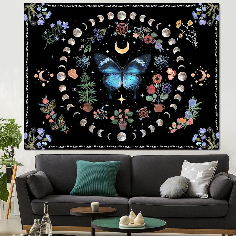 Fowocu Blue Butterfly Moon Flower Tapestry Boho Floral Plant Tapestries For Bedroom Aesthetic Nature Tapastry'S Wall Hanging Mandala Botanical Wall Tapestry For Living Room Dorm (Blue  48'' ? 36'') - Image 5
