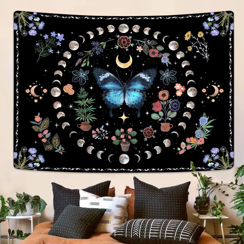 Fowocu Blue Butterfly Moon Flower Tapestry Boho Floral Plant Tapestries For Bedroom Aesthetic Nature Tapastry'S Wall Hanging Mandala Botanical Wall Tapestry For Living Room Dorm (Blue  48'' ? 36'') - Image 1