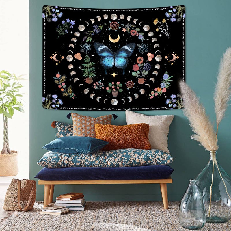Fowocu Blue Butterfly Moon Flower Tapestry Boho Floral Plant Tapestries For Bedroom Aesthetic Nature Tapastry'S Wall Hanging Mandala Botanical Wall Tapestry For Living Room Dorm (Blue  48'' ? 36'') - Image 4