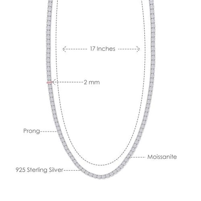 SAVEARTH DIAMONDS Round Cut Lab Created Moissanite 2Mm Width Tennis Chain Necklace For Men Women In 14K White Gold Plated 925 Sterling Silver, (Vvs1 Clarity, 6.50 Ct), Length 17" - Image 2
