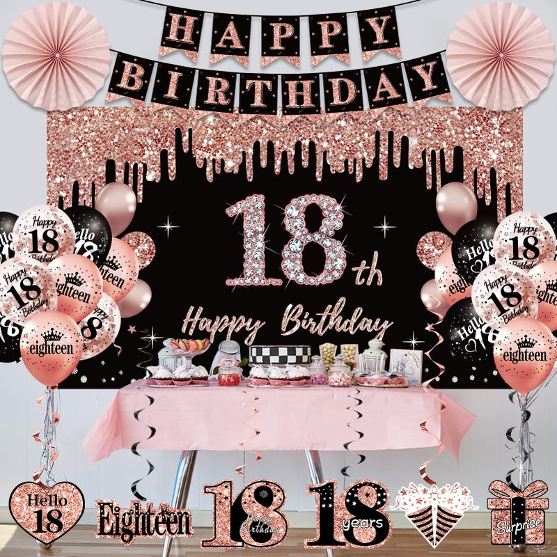 Uiorgui 18th Birthday Decorations for Girls, 33pcs Black Rose Gold Happy 18th Birthday Banner 18 Birthday Crown and Sash Balloons Backdrop Hanging Swirls Paper Fans, 18 Years Old Party Supplies Kit - Image 5
