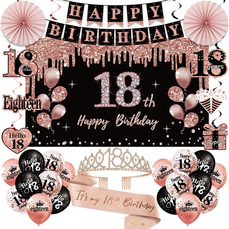 Uiorgui 18th Birthday Decorations for Girls, 33pcs Black Rose Gold Happy 18th Birthday Banner 18 Birthday Crown and Sash Balloons Backdrop Hanging Swirls Paper Fans, 18 Years Old Party Supplies Kit - Image 1