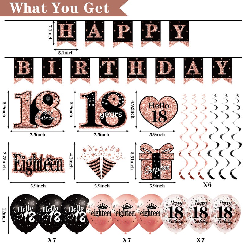 Uiorgui 18th Birthday Decorations for Girls, 33pcs Black Rose Gold Happy 18th Birthday Banner 18 Birthday Crown and Sash Balloons Backdrop Hanging Swirls Paper Fans, 18 Years Old Party Supplies Kit - Image 2