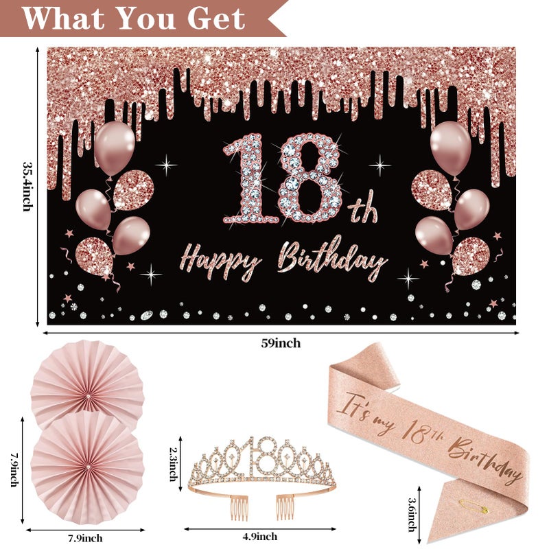 Uiorgui 18th Birthday Decorations for Girls, 33pcs Black Rose Gold Happy 18th Birthday Banner 18 Birthday Crown and Sash Balloons Backdrop Hanging Swirls Paper Fans, 18 Years Old Party Supplies Kit - Image 3