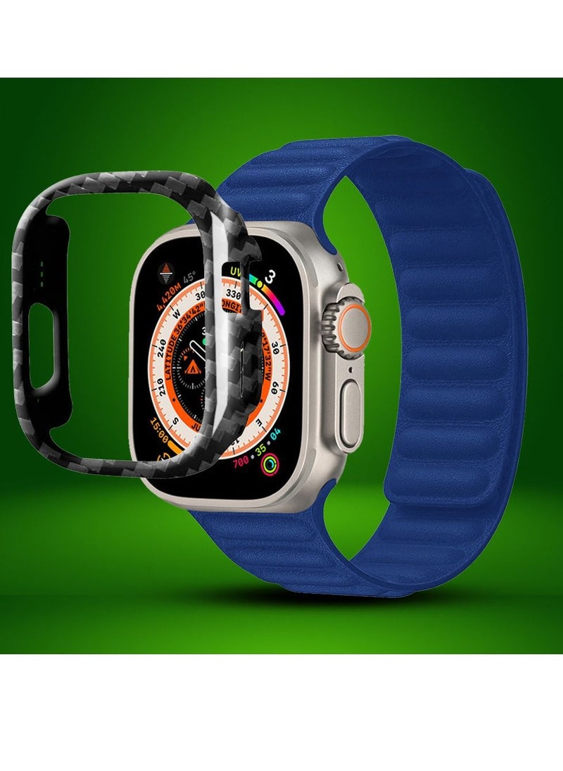CATANES - 2 Packs For Apple Watch Band 49mm Leather Link Strap Magnetic Loop Bracelet and Carbon Fiber Cup Holder Dark Blue - Image 1