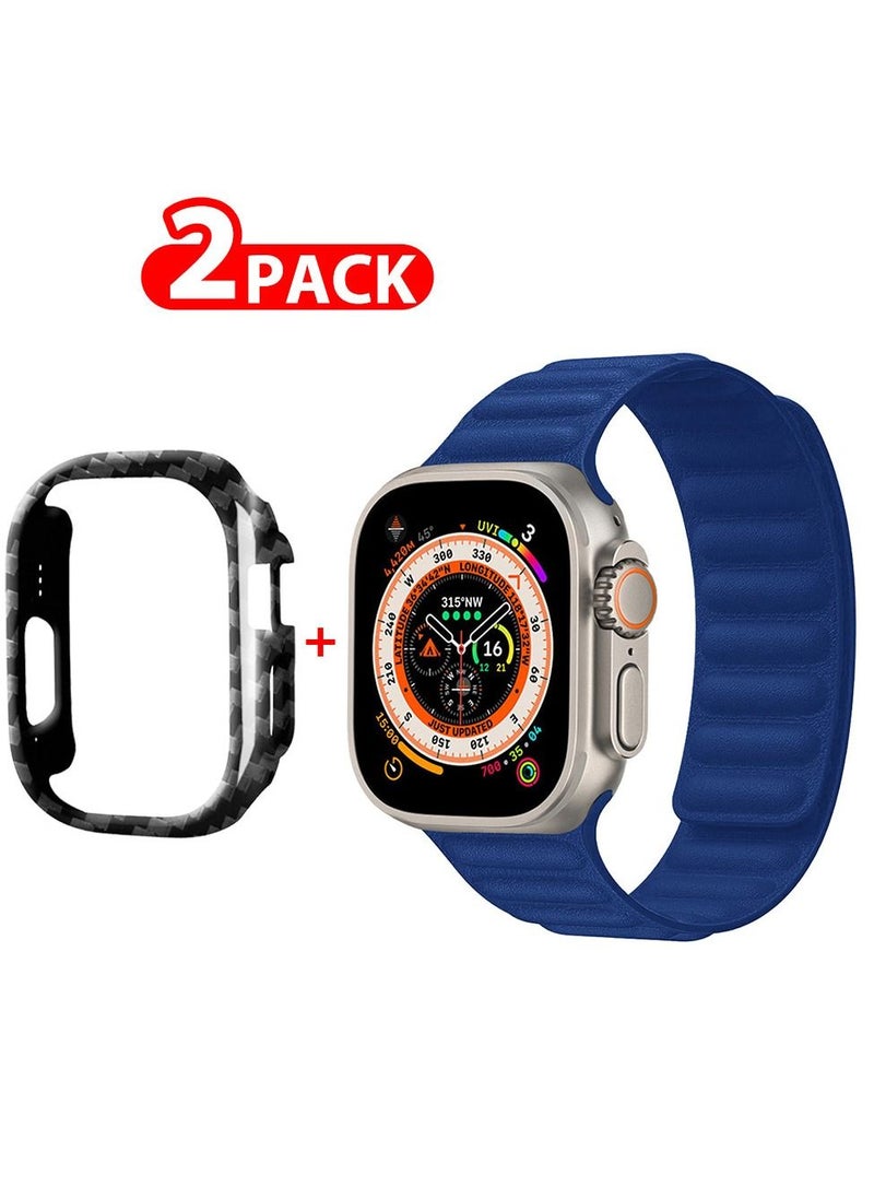 CATANES - 2 Packs For Apple Watch Band 49mm Leather Link Strap Magnetic Loop Bracelet and Carbon Fiber Cup Holder Dark Blue - Image 1