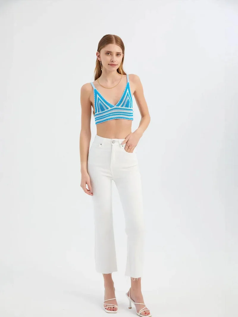 HICCUP Striped V Neck Knitted Crochet Crop Top