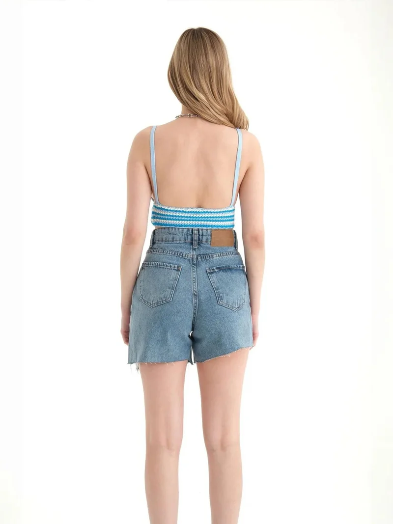 Hiccup Blue Striped V Neck Knitted Crochet Crop Top for Women | Best Price UAE